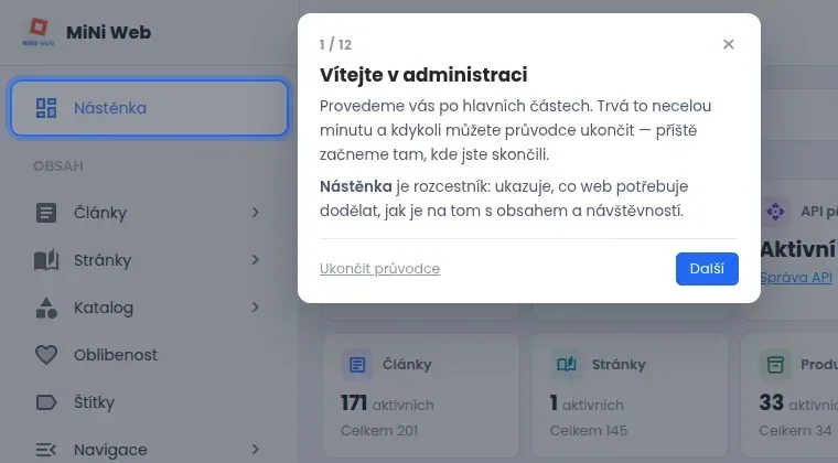 První bublina průvodce s nadpisem Vítejte v administraci
