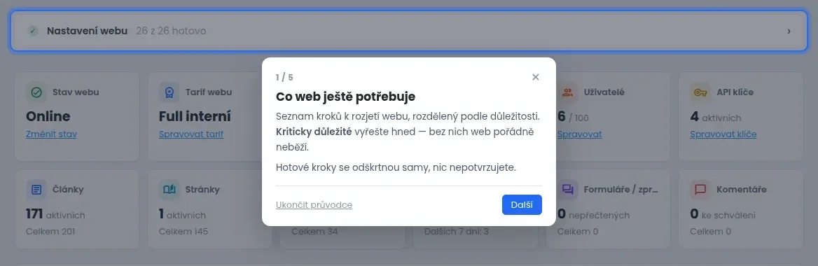 Bublina průvodce nástěnkou s nadpisem Co web ještě potřebuje