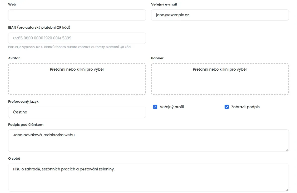 Část profilu s poli Veřejný e-mail, IBAN, Avatar, Banner, zaškrtnutými volbami Veřejný profil a Zobrazit podpis, s vyplněným podpisem a textem O sobě