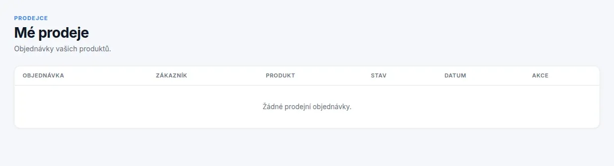 Stránka Mé prodeje s tabulkou: objednávka, zákazník, produkt, stav, datum a akce