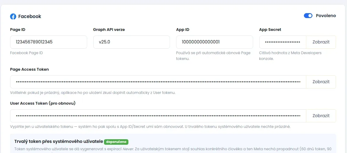 Rámeček Facebook s poli Page ID, Graph API verze, App ID, App Secret, Page Access Token a User Access Token