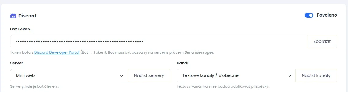 Rámeček Discord s polem Bot Token a výběrem serveru a kanálu