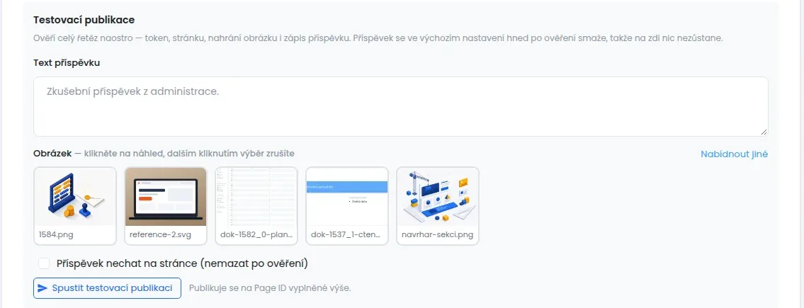Část Testovací publikace s polem pro text, výběrem obrázku a tlačítkem Spustit testovací publikaci