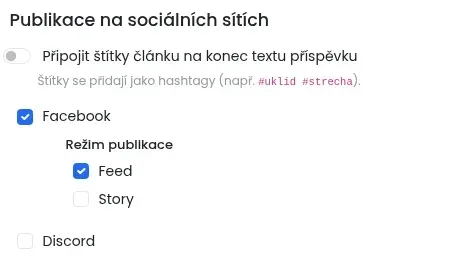 Část Publikace na sociálních sítích se zaškrtnutým Facebookem a režimem Feed