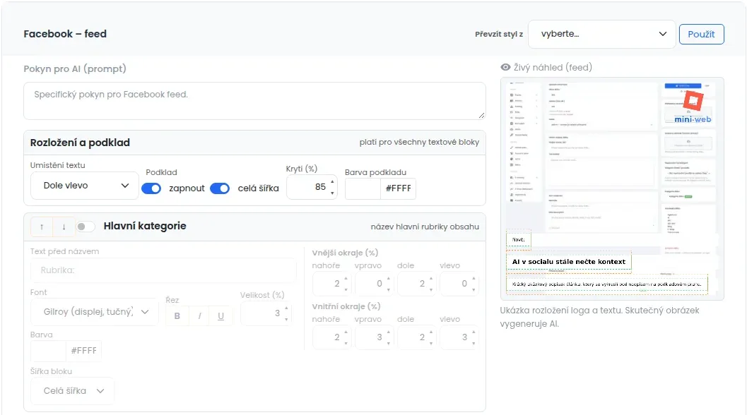 Karta Facebook – feed s pokynem pro AI, rozložením textu, blokem Hlavní kategorie a živým náhledem vpravo