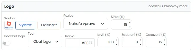 Část Logo s tlačítky Vybrat a Odebrat, pozicí, šířkou a nastavením podkladu loga