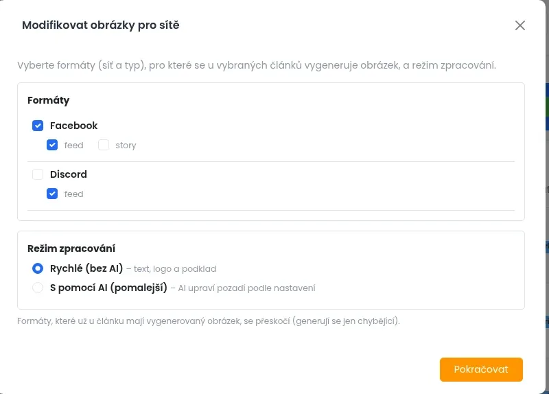 Okno Modifikovat obrázky pro sítě: výběr sítí a formátů a volba rychlého režimu bez AI nebo s pomocí AI