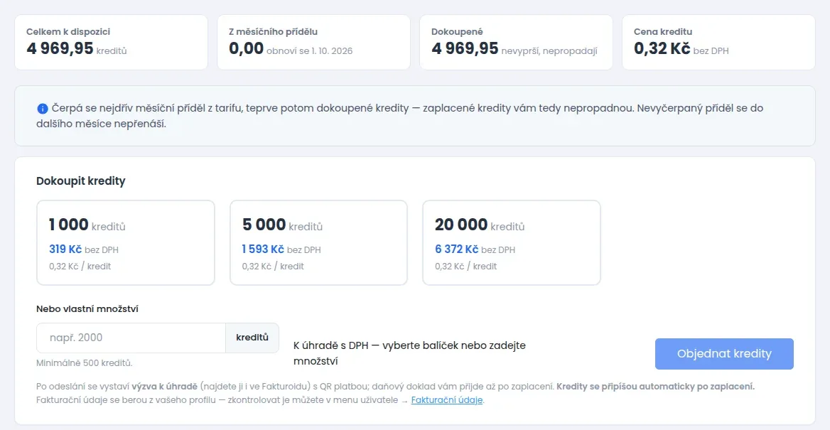 Stránka Kredity s dlaždicemi zůstatku, balíčky kreditů k dokoupení a tlačítkem Objednat kredity