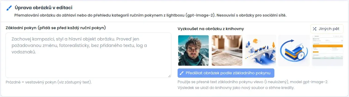 Nastavení AI úprav obrázků v editaci: základní pokyn webu a zkušební panel s obrázkem z knihovny
