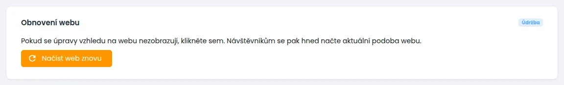 Karta Obnovení webu s oranžovým tlačítkem Načíst web znovu