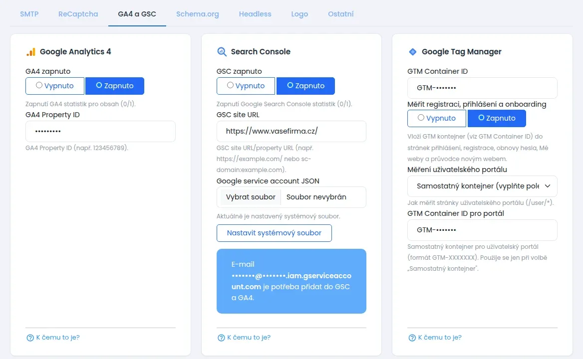 Nastavení webu, záložka GA4 a GSC s kartami Google Analytics 4, Search Console a Google Tag Manager