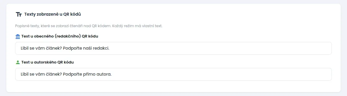 Karta Texty zobrazené u QR kódů s poli Text u obecného (redakčního) QR kódu a Text u autorského QR kódu