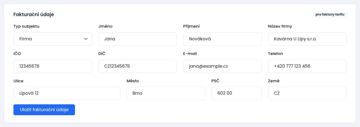 Formulář Fakturační údaje s poli Typ subjektu, Jméno, Příjmení, Název firmy, IČO, DIČ, E-mail, Telefon, Ulice, Město, PSČ a Země