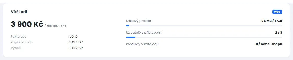 Karta Váš tarif s cenou, způsobem fakturace, datem Zaplaceno do a Výročí a s ukazateli Diskový prostor, Uživatelé s přístupem a Produkty v katalogu