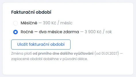 Karta Fakturační období s volbami Měsíčně a Ročně a tlačítkem Uložit fakturační období