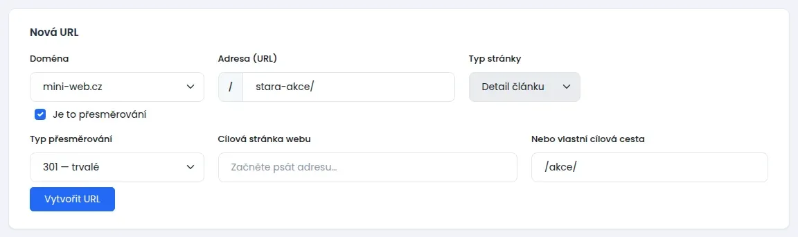 Karta Nová URL se zaškrtnutou volbou Je to přesměrování, typem 301 trvalé a vlastní cílovou cestou /akce/