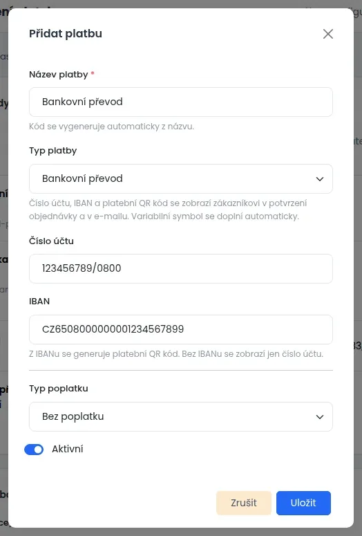 Okno Přidat platbu s typem Bankovní převod a poli Číslo účtu, IBAN a Typ poplatku