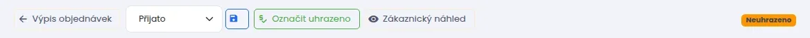 Lišta v detailu objednávky: Výpis objednávek, pole se stavem, disketa, Označit uhrazeno, Zákaznický náhled a štítek Neuhrazeno