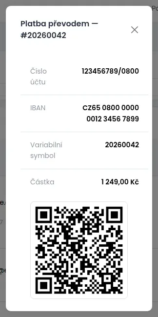 Okno Platba převodem s číslem účtu, IBANem, variabilním symbolem, částkou a QR kódem