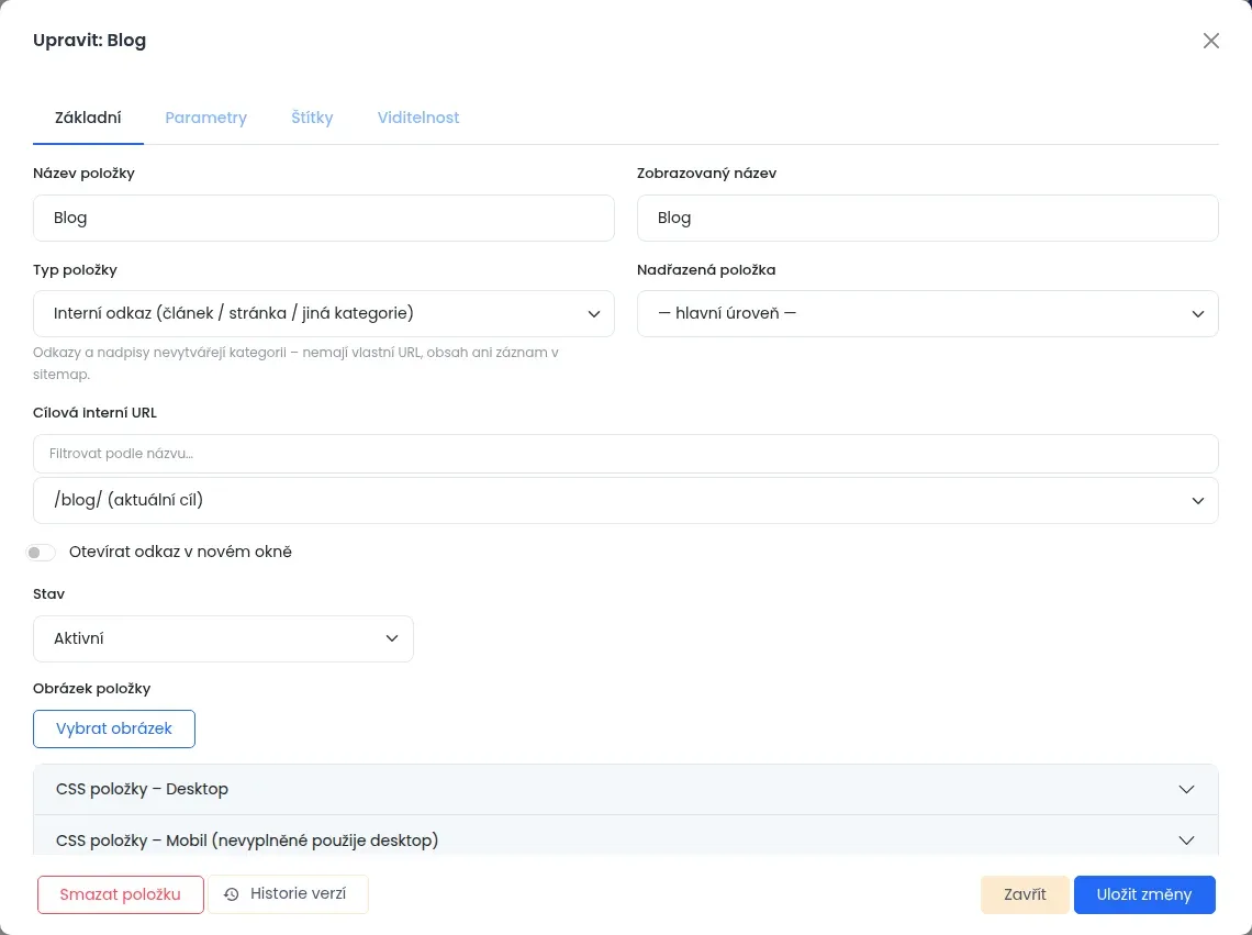 Okno položky typu Interní odkaz se záložkami Základní, Parametry, Štítky a Viditelnost a polem Cílová interní URL