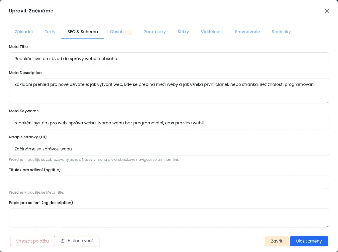 Záložka SEO a Schema s poli Meta Title, Meta Description, Meta Keywords, Nadpis stránky (H1) a Titulek pro sdílení
