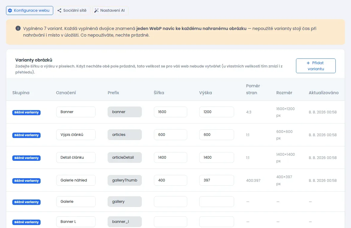 Obrazovka Nastavení obrázků se žlutým upozorněním a tabulkou variant se sloupci Skupina, Označení, Prefix, Šířka, Výška a Poměr stran