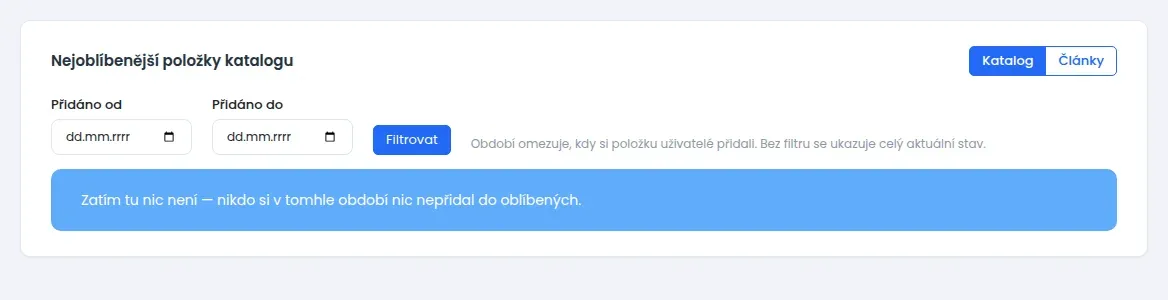 Obrazovka Oblíbenost s přepínačem Katalog a Články, poli Přidáno od a Přidáno do a tlačítkem Filtrovat