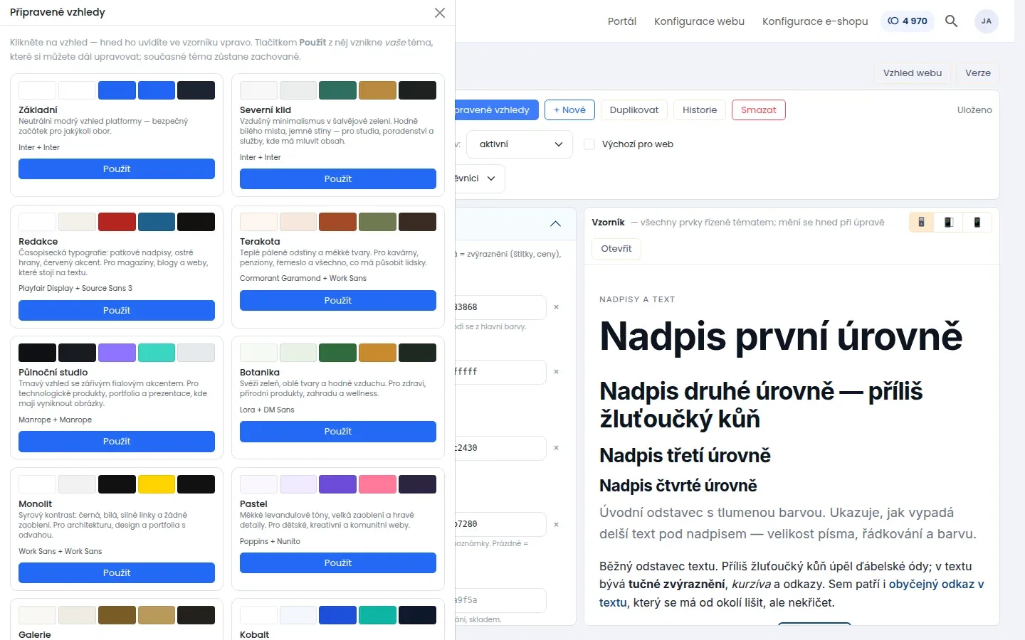 Galerie připravených vzhledů s paletami barev a náhledem typografie