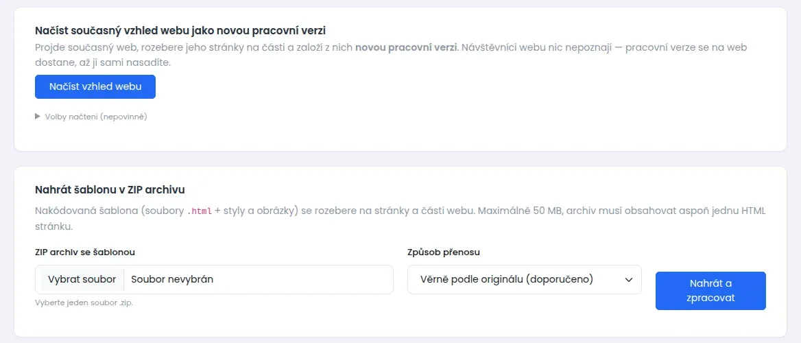 Import vzhledu: načtení současného webu, nahrání šablony ze ZIP archivu a volba způsobu převodu