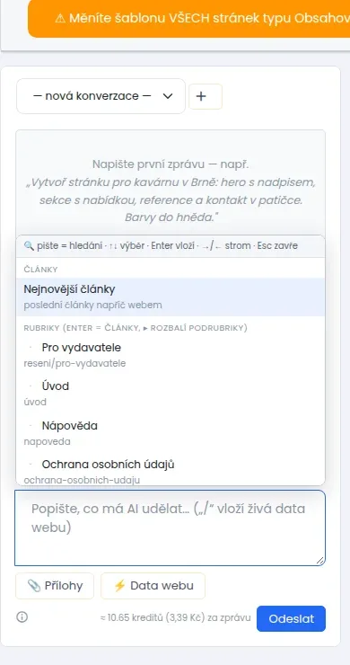 Konverzace s otevřenou nabídkou Data webu: Nejnovější články a seznam rubrik webu