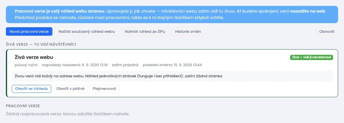 Obrazovka Verze vzhledu s tlačítky Nová pracovní verze, Načíst současný vzhled webu, Nahrát vzhled ze ZIPu a Historie změn a s kartou Živá verze webu