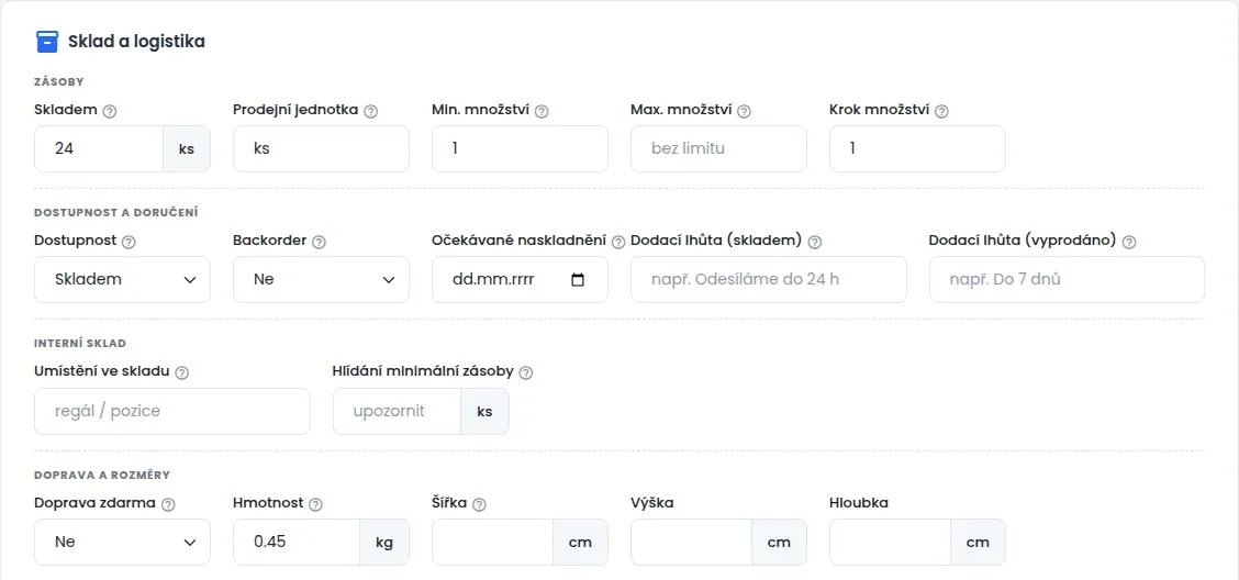 Blok Sklad a logistika s oddíly Zásoby, Dostupnost a doručení, Interní sklad a Doprava a rozměry