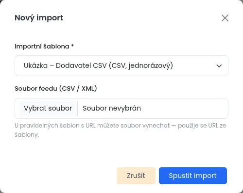 Okno Nový import s výběrem importní šablony, polem pro soubor a tlačítkem Spustit import