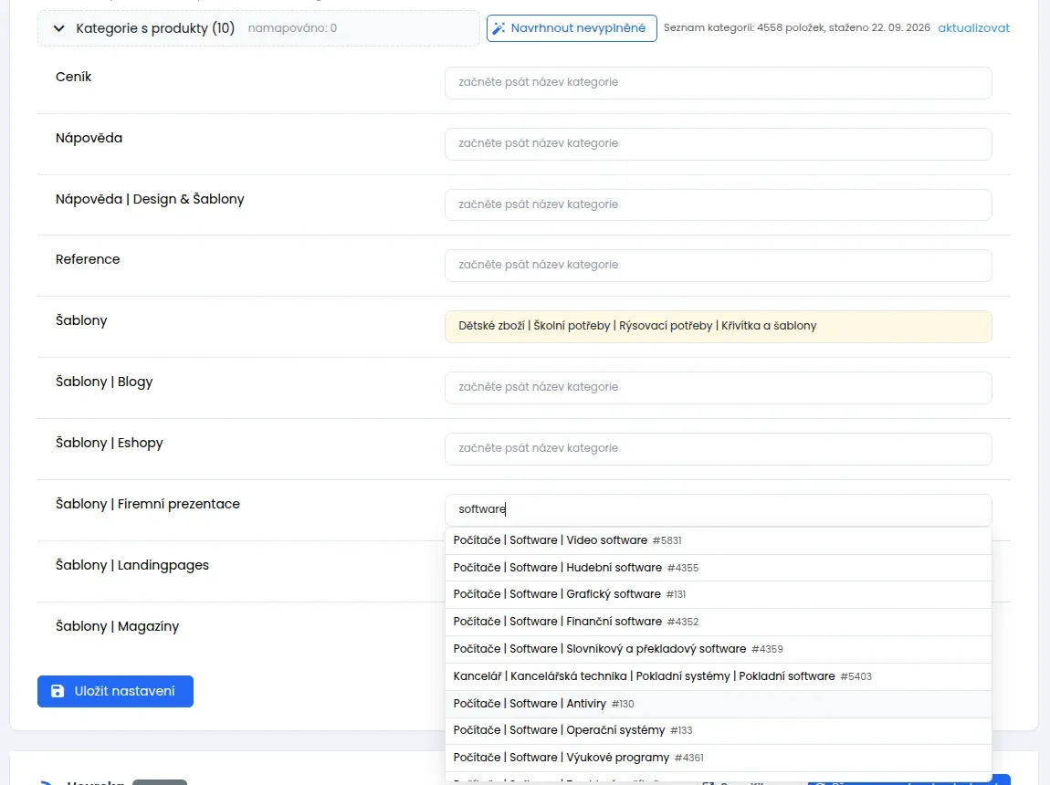 Rozbalený seznam kategorií webu s poli pro kategorie Zboží.cz, jedno pole má otevřenou nabídku kategorií a jedno žlutě zvýrazněný návrh