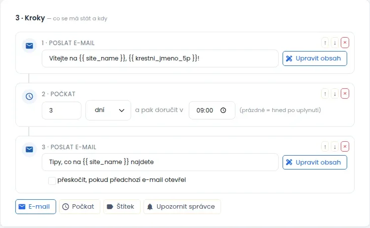 Tři kroky automatizace: první e-mail, počkat tři dny do 9:00 a druhý e-mail, který přeskočí ty, kdo první otevřeli