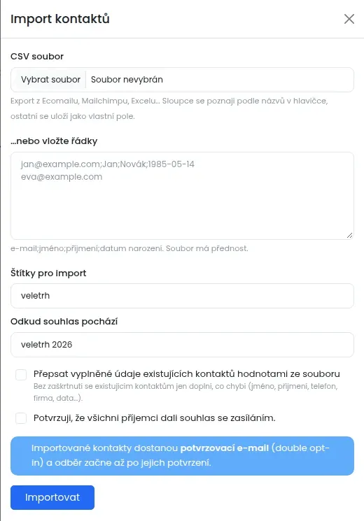 Panel Import kontaktů s poli CSV soubor, vložení řádků, Štítky pro import, Odkud souhlas pochází a dvěma zaškrtávacími políčky