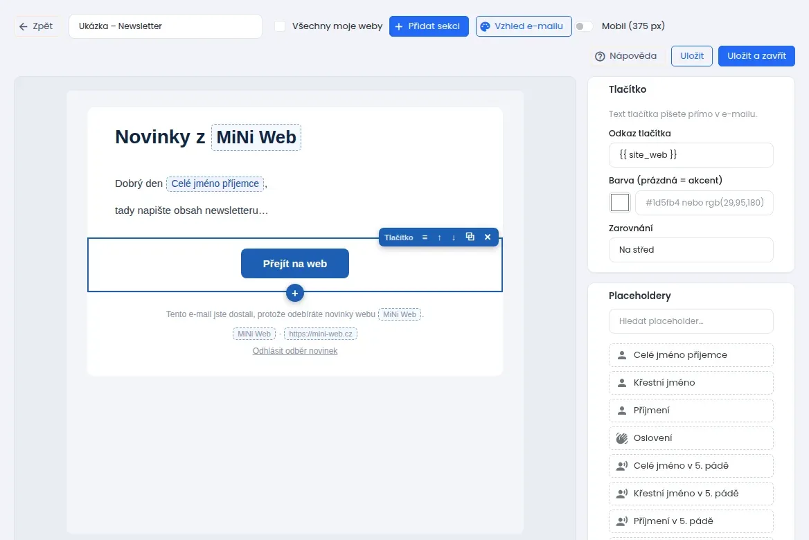 Editor e-mailu: uprostřed newsletter s vybranou sekcí, vpravo panel s vlastnostmi sekce