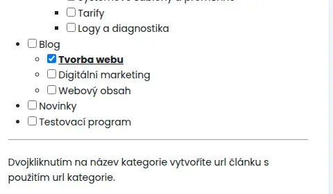 Seznam kategorií, kategorie Tvorba webu je zaškrtnutá a její název je tučně podtržený