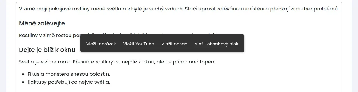 Černá nabídka v textu článku s položkami Vložit obrázek, Vložit YouTube, Vložit obsah a Vložit obsahový blok