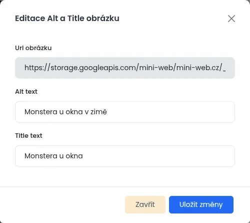Okno Editace Alt a Title obrázku s poli Url obrázku, Alt text a Title text