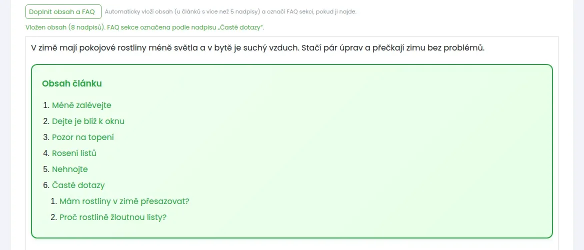 Tlačítko Doplnit obsah a FAQ, pod ním zelená zpráva Vložen obsah (8 nadpisů) a v textu zelený rámeček Obsah článku se seznamem nadpisů
