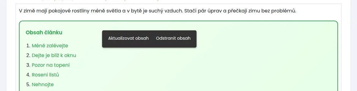Nabídka Aktualizovat obsah a Odstranit obsah nad zeleným rámečkem Obsah článku