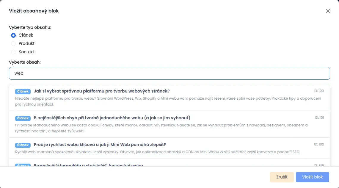 Okno Vložit obsahový blok se zvoleným typem Článek a seznamem článků nalezených podle slova web