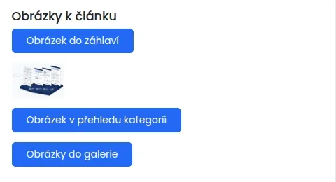 Část Obrázky k článku s tlačítky Obrázek do záhlaví, Obrázek v přehledu kategorií a Obrázky do galerie a náhledem vybraného obrázku