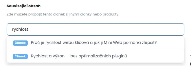 Část Související obsah s polem pro hledání, ve kterém je napsáno rychlost, a dvěma nalezenými články