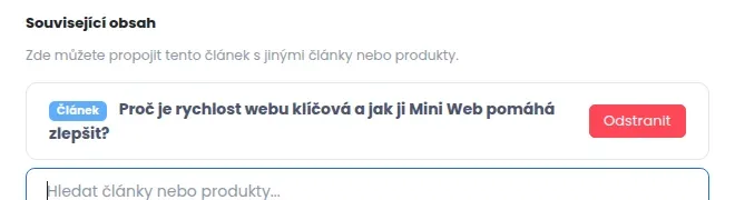 Přidaný související článek v seznamu s červeným tlačítkem Odstranit