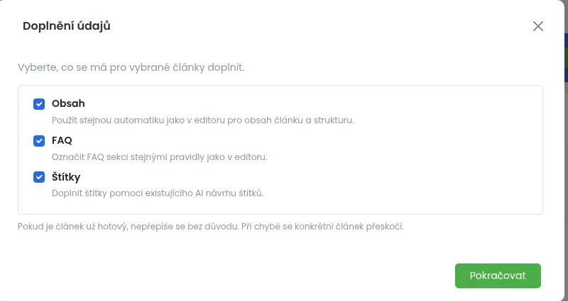 Okno Doplnění údajů se zaškrtávacími volbami Obsah, FAQ a Štítky