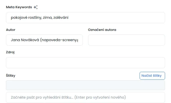 Pole Meta Keywords s vyplněnými klíčovými slovy a pod ním pole Štítky s tlačítkem Načíst štítky