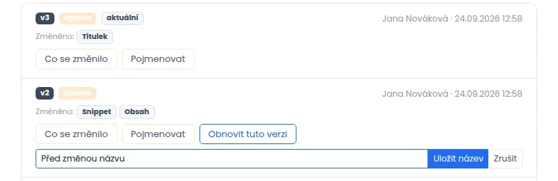 Verze v2 s polem pro název verze, ve kterém je napsáno Před změnou názvu, a tlačítky Uložit název a Zrušit
