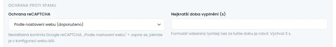 Část Ochrana proti spamu s rozbalovacím seznamem Ochrana reCAPTCHA a polem Nejkratší doba vyplnění